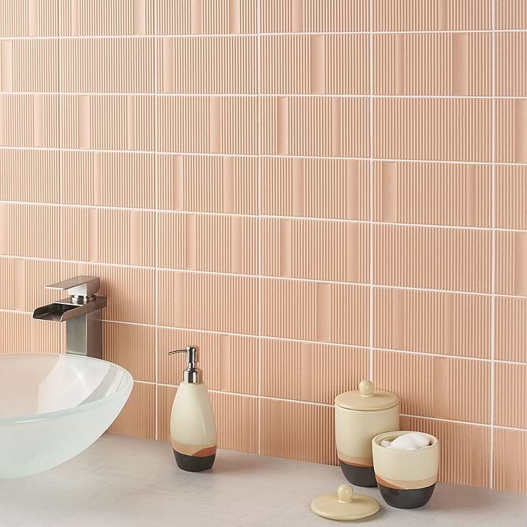 Division Clay Beige 8x16 Fluted Matte Ceramic Tile; in Peach Ceramic; for Backsplash, Kitchen Wall, Wall Tile, Bathroom Wall, Shower Wall; in Style Ideas Contemporary, Mid Century, Modern, Transitional, Tropical