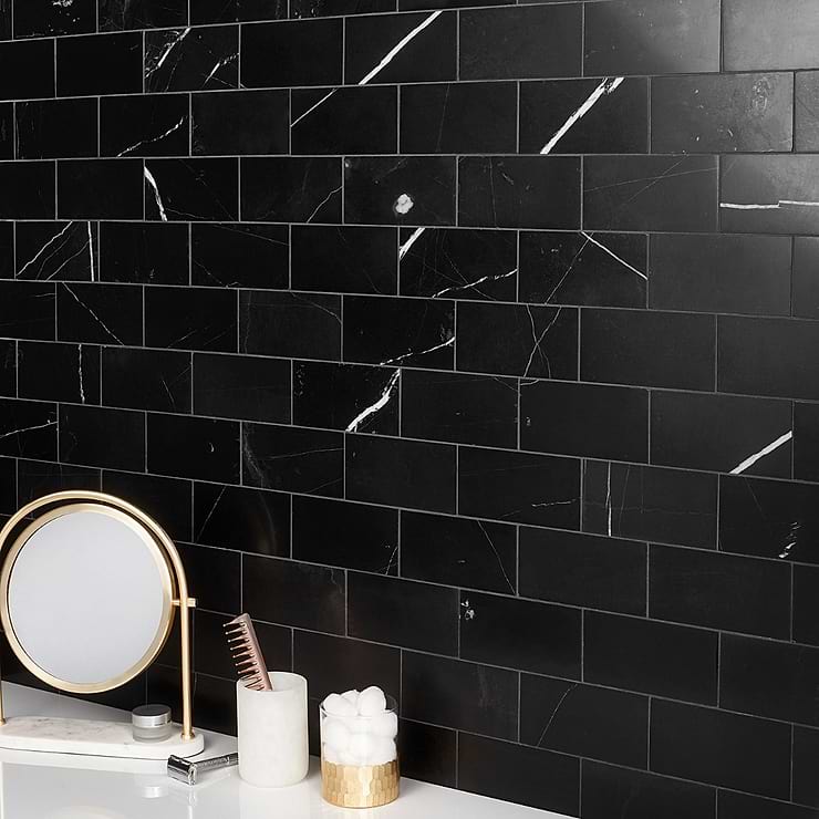 Nero Marquina 3x6 Honed Marble Subway Tile