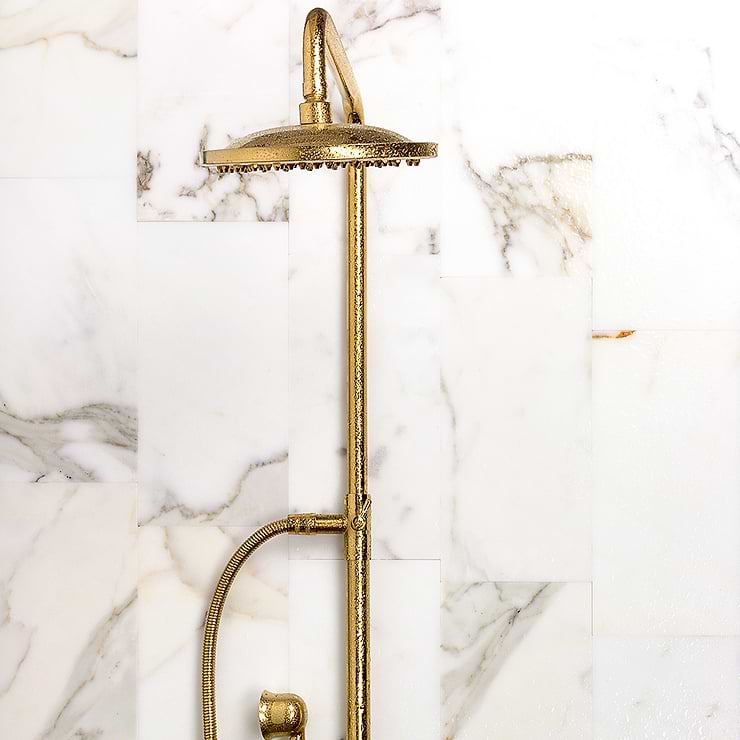 Calacatta Gold 6X12 Polished Marble Subway Tile; in White w/ Gray & Gold Veins Calacatta; for Backsplash, Floor Tile, Kitchen Floor, Kitchen Wall, Wall Tile, Bathroom Floor, Bathroom Wall, Shower Wall, Shower Floor, Outdoor Wall, Commercial Floor; in Style Ideas Classic, Contemporary, Industrial, Modern, Traditional, Transitional