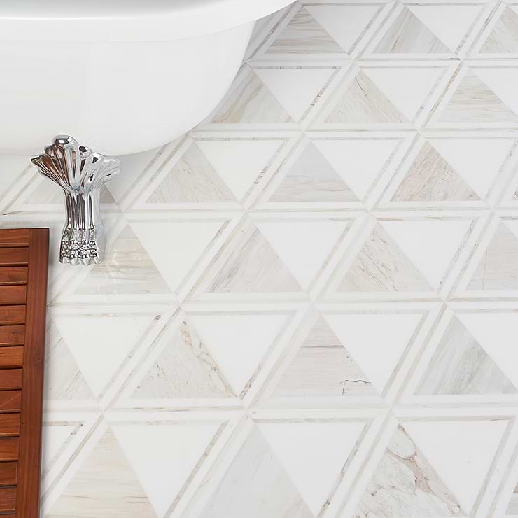 Geomarble Altair Thassos Sabbia Beige Polished Marble Mosaic; in Beige + White + Gray Thassos + European Wooden Beige ; for Backsplash, Floor Tile, Kitchen Floor, Kitchen Wall, Wall Tile, Bathroom Floor, Bathroom Wall, Shower Wall, Shower Floor, Outdoor Wall, Commercial Floor; in Style Ideas Art Deco, Classic, Contemporary, Mid Century, Modern, Transitional