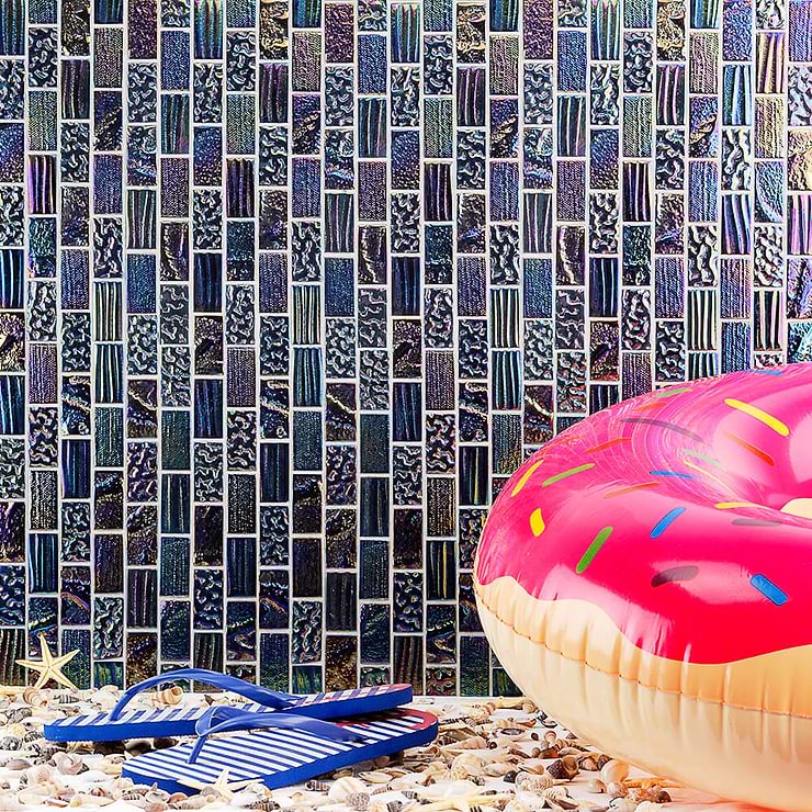 Laguna Iridescent Multicolor 1x2 Brick Polished Glass Mosaic; in Blue + Purple Glass; for Backsplash, Kitchen Floor, Kitchen Wall, Wall Tile, Bathroom Floor, Bathroom Wall, Shower Wall, Shower Floor, Outdoor Wall, Pool Tile; in Style Ideas Beach, Classic, Contemporary, Whimsical