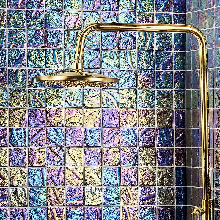 Laguna Iridescent Multicolor 2x2 Square Polished Glass Mosaic; in Blue + Purple Glass; for Backsplash, Floor Tile, Kitchen Floor, Kitchen Wall, Wall Tile, Bathroom Floor, Bathroom Wall, Shower Wall, Shower Floor, Outdoor Wall, Pool Tile; in Style Ideas Beach, Classic, Contemporary, Whimsical