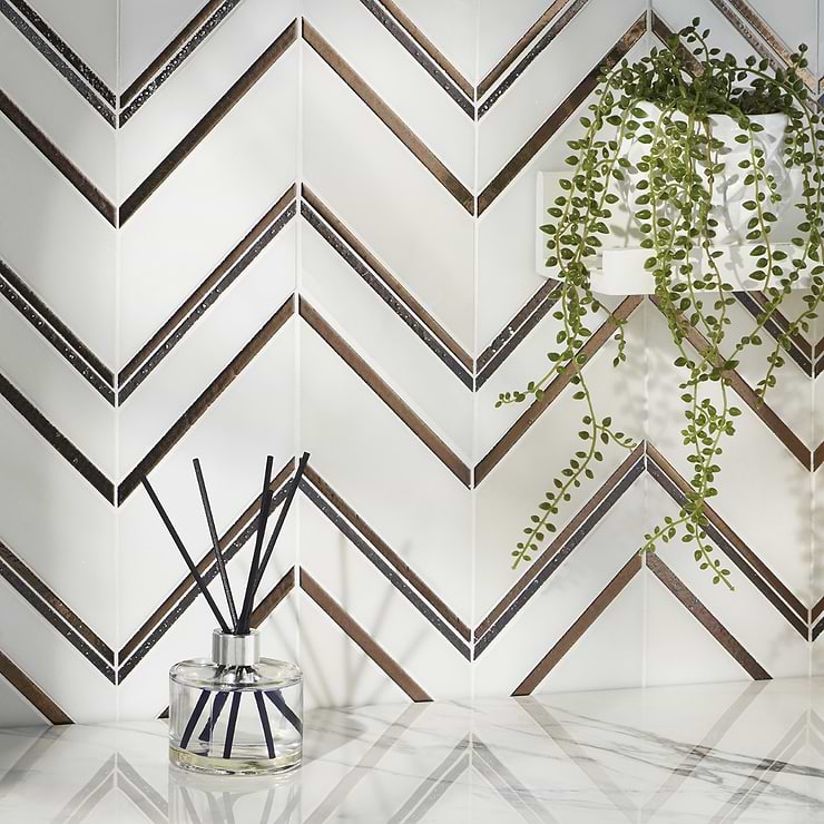 Magma Chevron Palmero Bronze & White Polished Marble & Lava Stone Mosaic; in White, Bronze Marble + Lava Stone; for Backsplash, Floor Tile, Kitchen Floor, Kitchen Wall, Wall Tile, Bathroom Floor, Bathroom Wall, Shower Wall, Shower Floor, Outdoor Floor, Outdoor Wall, Commercial Floor; in Style Ideas Art Deco, Contemporary, Industrial, Transitional; released 2023; new, trends