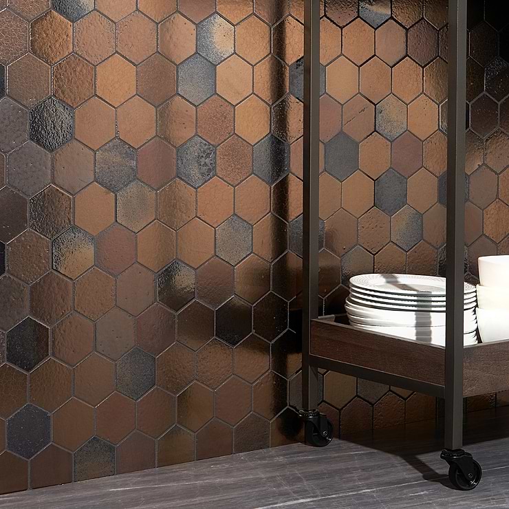 Magma Bronze 3" Hexagon Polished Lava Stone Mosaic; in Bronze Lava Stone; for Backsplash, Floor Tile, Kitchen Floor, Kitchen Wall, Wall Tile, Bathroom Floor, Bathroom Wall, Shower Wall, Shower Floor, Outdoor Floor, Outdoor Wall, Commercial Floor, Pool Tile; in Style Ideas Art Deco, Contemporary, Industrial