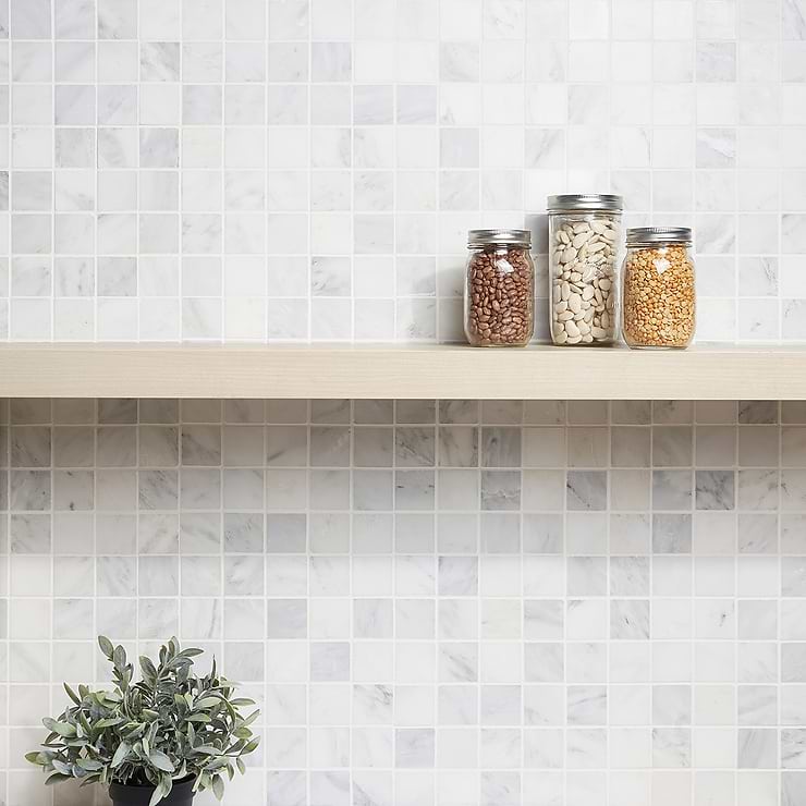 Asian Statuary White 2x2 Square Honed Marble Mosaic; in White base with gray and gold veining Asian Statuary; for Backsplash, Floor Tile, Kitchen Floor, Kitchen Wall, Wall Tile, Bathroom Floor, Bathroom Wall, Shower Wall, Shower Floor, Outdoor Floor, Outdoor Wall, Commercial Floor; in Style Ideas Art Deco, Classic, Contemporary, Modern, Traditional, Transitional