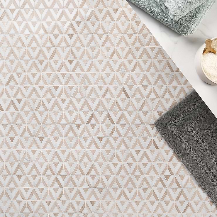 Monroe Triangle Asian Statuary and Wooden Beige Marble Mosaic Tile