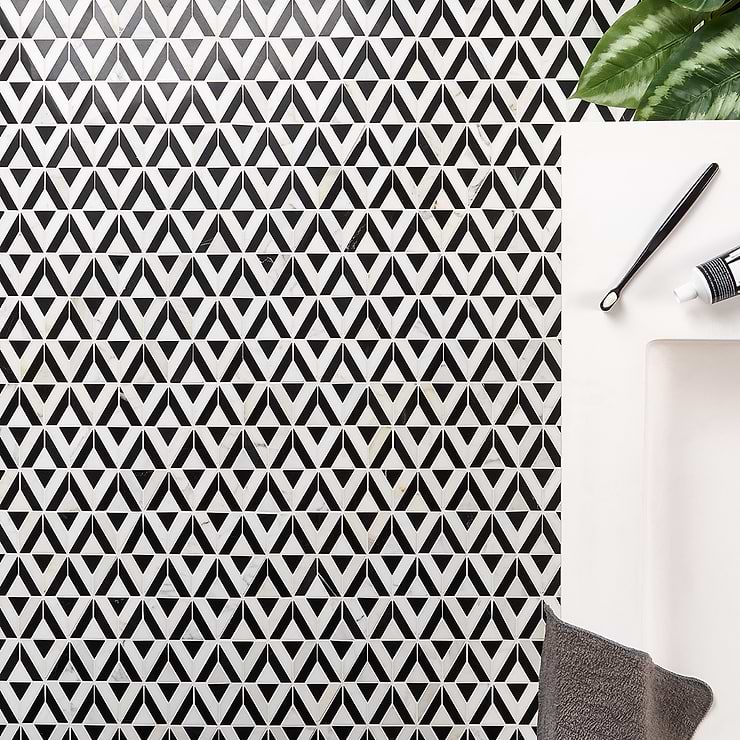Monroe Triangle Black & White Polished Marble Mosaic; in Black + White Marble ; for Backsplash, Floor Tile, Kitchen Floor, Kitchen Wall, Wall Tile, Bathroom Floor, Bathroom Wall, Shower Wall, Shower Floor, Outdoor Floor, Outdoor Wall, Commercial Floor, Pool Tile; in Style Ideas Art Deco, Mid Century, Modern