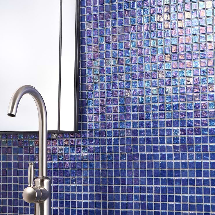 Swim Blue Lagoon 1x1 Polished Glass Mosaic; in Blue Glass; for Backsplash, Kitchen Wall, Wall Tile, Bathroom Floor, Bathroom Wall, Shower Wall, Shower Floor, Outdoor Wall, Pool Tile; in Style Ideas Beach, Classic, Contemporary, Mediterranean, Tropical
