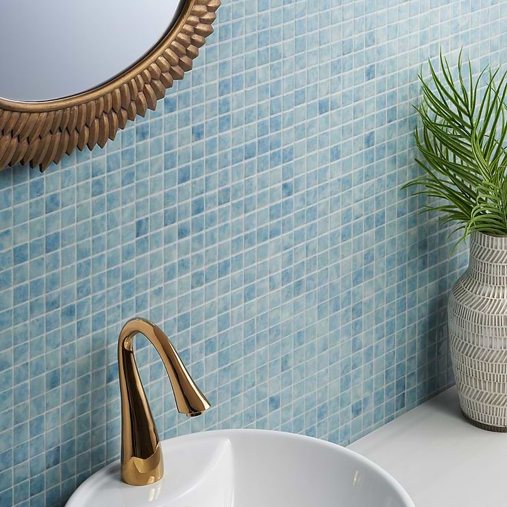 Swim Fiji Blue 1x1 Polished Glass Mosaic Tile; in Blue Glass; for Backsplash, Kitchen Wall, Wall Tile, Bathroom Floor, Bathroom Wall, Shower Wall, Shower Floor, Outdoor Wall, Pool Tile; in Style Ideas Beach, Classic, Contemporary, Mediterranean, Tropical