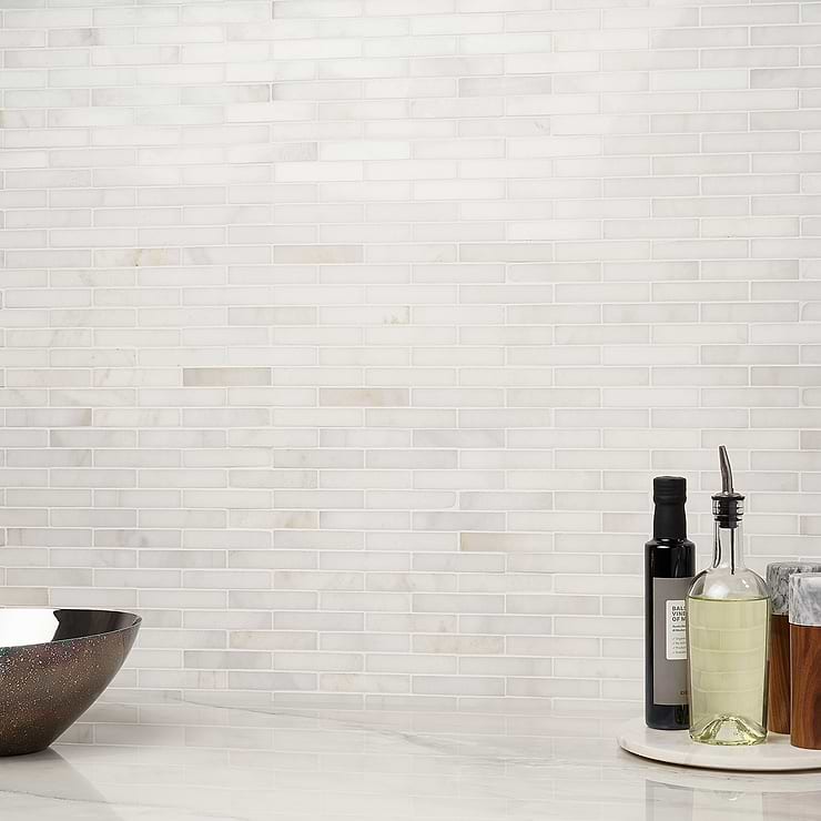 White Jade 1x4 Brick Polished Marble Mosaic; in White Jade ; for Backsplash, Floor Tile, Kitchen Floor, Kitchen Wall, Wall Tile, Bathroom Floor, Bathroom Wall, Shower Wall, Outdoor Wall, Commercial Floor; in Style Ideas Farmhouse, Modern