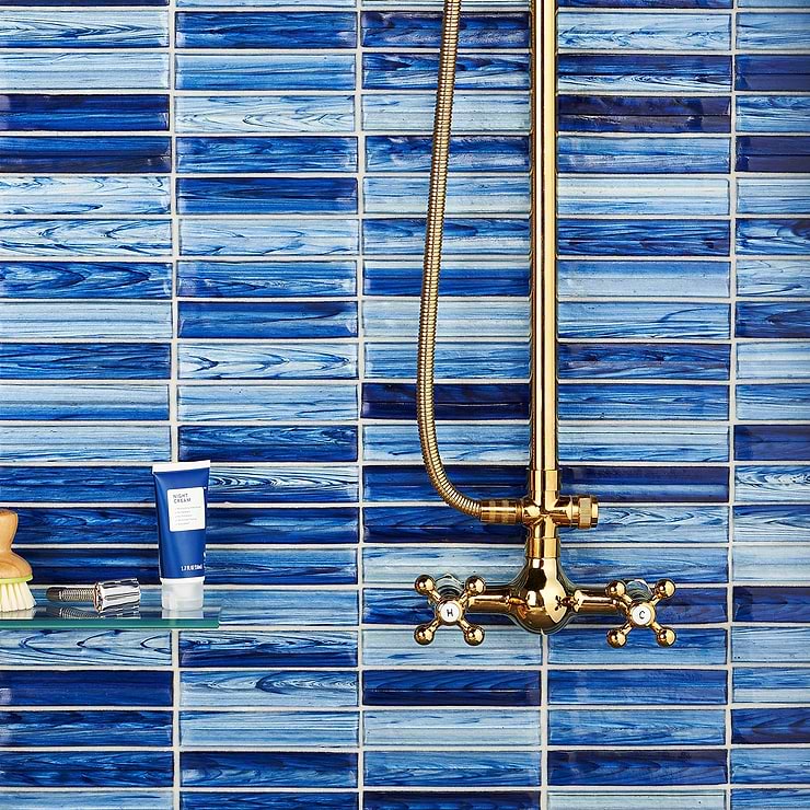 Maya Stacked Azur Blue Polished Glass Mosaic; in Blue Glass ; for Backsplash, Kitchen Wall, Wall Tile, Bathroom Wall, Shower Wall; in Style Ideas Beach, Classic, Contemporary, Mediterranean, Traditional, Transitional, Tropical