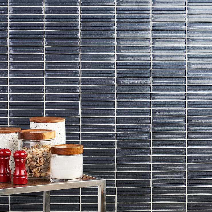 Maya Stacked Midnight Gray Polished Glass Mosaic; in Gray + Blue + Navy Glass ; for Backsplash, Kitchen Wall, Wall Tile, Bathroom Wall, Shower Wall; in Style Ideas Beach, Classic, Contemporary, Mediterranean, Traditional, Transitional, Tropical