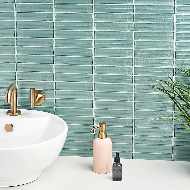 Maya Stacked Ocean Green Polished Glass Mosaic; in Green + Blue Glass ; for Backsplash, Kitchen Wall, Wall Tile, Bathroom Wall, Shower Wall; in Style Ideas Beach, Classic, Contemporary, Mediterranean, Traditional, Transitional, Tropical