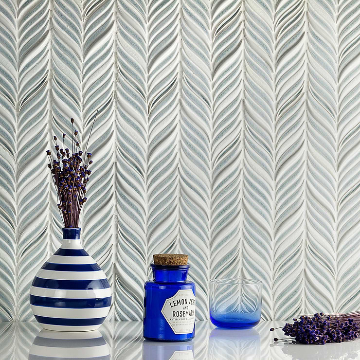 Nabi Alula Arctic Blue Chevron Crackled Glass Mosaic; in Blue Crackled Glass; for Backsplash, Kitchen Wall, Wall Tile, Bathroom Wall, Shower Wall; in Style Ideas Mid Century, Transitional, Tropical