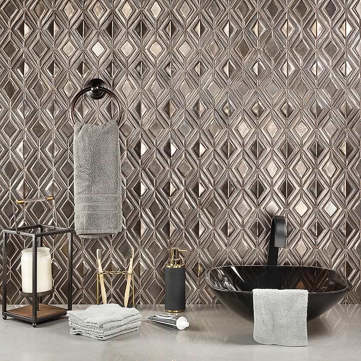 Nabi Jewel Metallic Copper 3D Polished Crackled Glass Mosaic; in Copper Crackled Glass; for Backsplash, Kitchen Wall, Wall Tile, Bathroom Wall, Shower Wall; in Style Ideas Art Deco, Rustic, Industrial