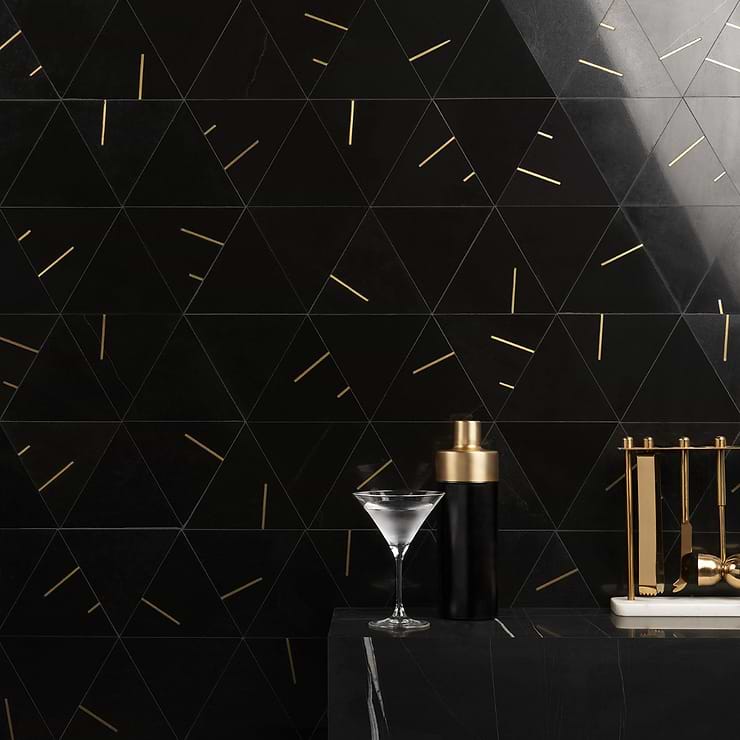 Ravi Nero Black 7x7 Polished Marble & Brass Mosaic; in Black and Brass Marble + Brass; for Backsplash, Floor Tile, Kitchen Floor, Kitchen Wall, Wall Tile, Bathroom Wall, Outdoor Floor, Outdoor Wall, Commercial Floor; in Style Ideas Art Deco, Classic, Contemporary, Traditional, Transitional; released 2023; new, trends