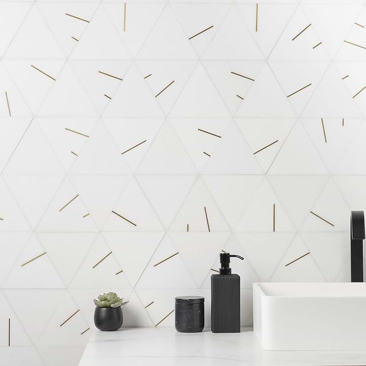 Ravi Thassos White 7x7 Polished Marble & Brass Mosaic; in White and Brass Marble + Brass; for Backsplash, Floor Tile, Kitchen Floor, Kitchen Wall, Wall Tile, Bathroom Wall, Outdoor Floor, Outdoor Wall, Commercial Floor; in Style Ideas Art Deco, Classic, Contemporary, Traditional, Transitional; released 2023; new, trends