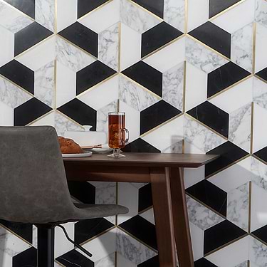 Decade Nero Blanco Black & White Hexagon Polished Marble & Brass Mosaic