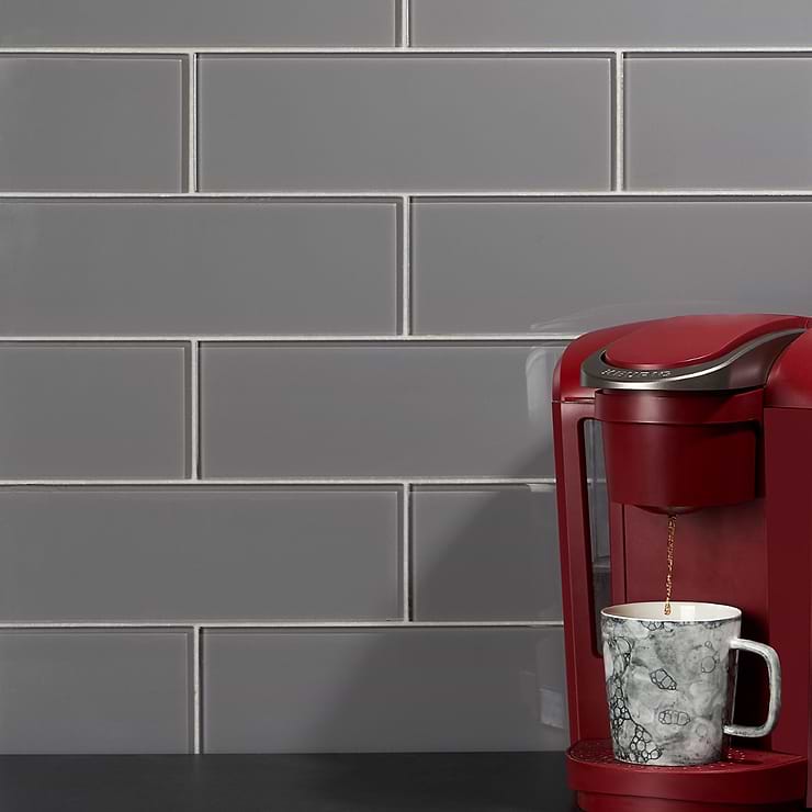 Loft Ash Gray 4x12 Polished Glass Subway Tile; in Gray Glass; for Backsplash, Kitchen Wall, Wall Tile, Bathroom Wall, Shower Wall, Outdoor Wall, Pool Tile; in Style Ideas Beach, Classic, Farmhouse, Industrial, Traditional, Transitional