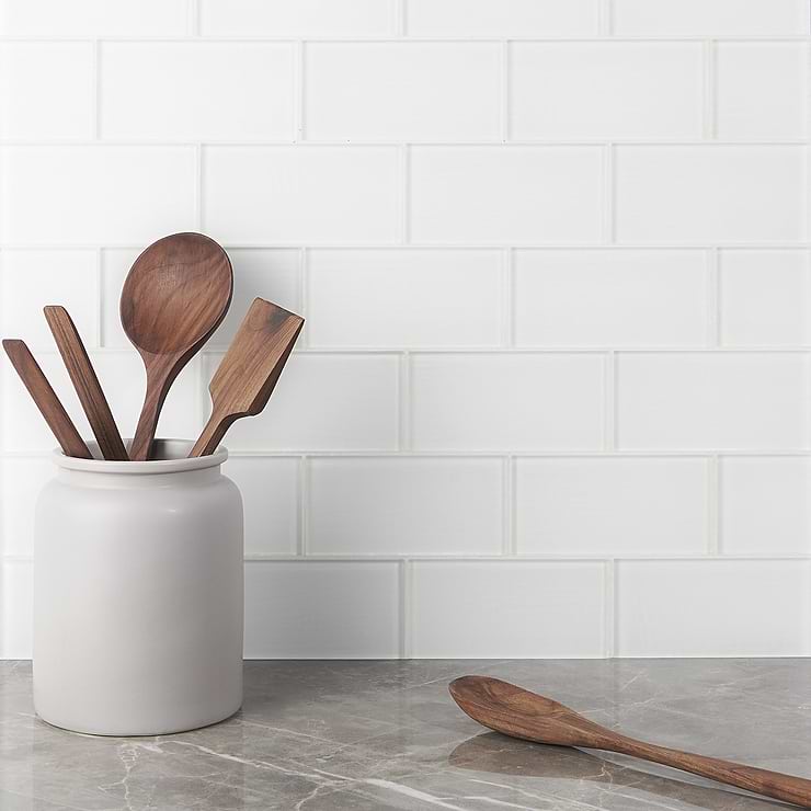 Loft Super White 3x6 Frosted Glass Subway Tile; in Super White Glass; for Backsplash, Kitchen Wall, Wall Tile, Bathroom Wall, Shower Wall, Outdoor Wall, Pool Tile; in Style Ideas Beach, Classic, Farmhouse, Industrial, Traditional, Transitional