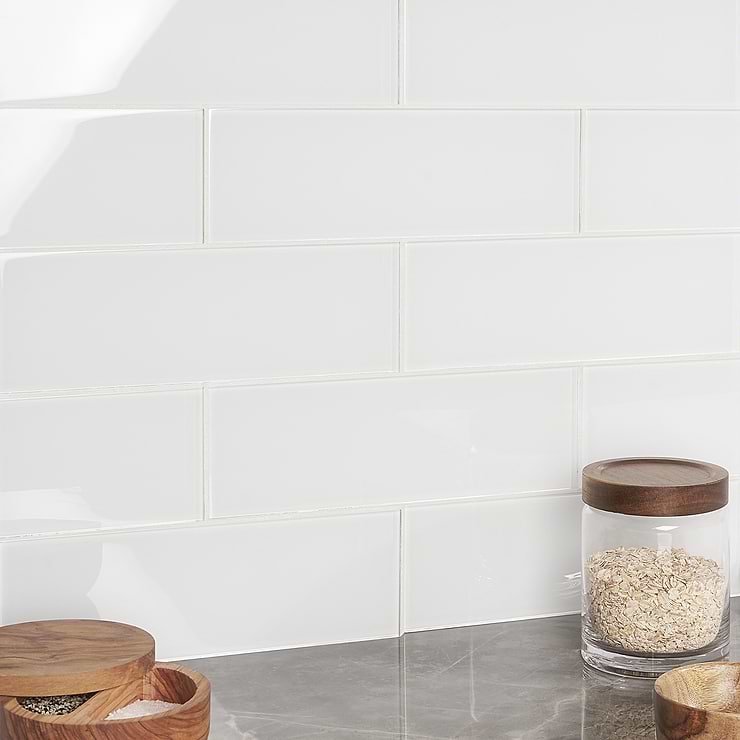 Loft Super White 4x12 Subway Polished Glass Tile; in White Glass; for Backsplash, Kitchen Wall, Wall Tile, Bathroom Wall, Shower Wall, Outdoor Wall, Pool Tile; in Style Ideas Beach, Classic, Farmhouse, Industrial, Traditional