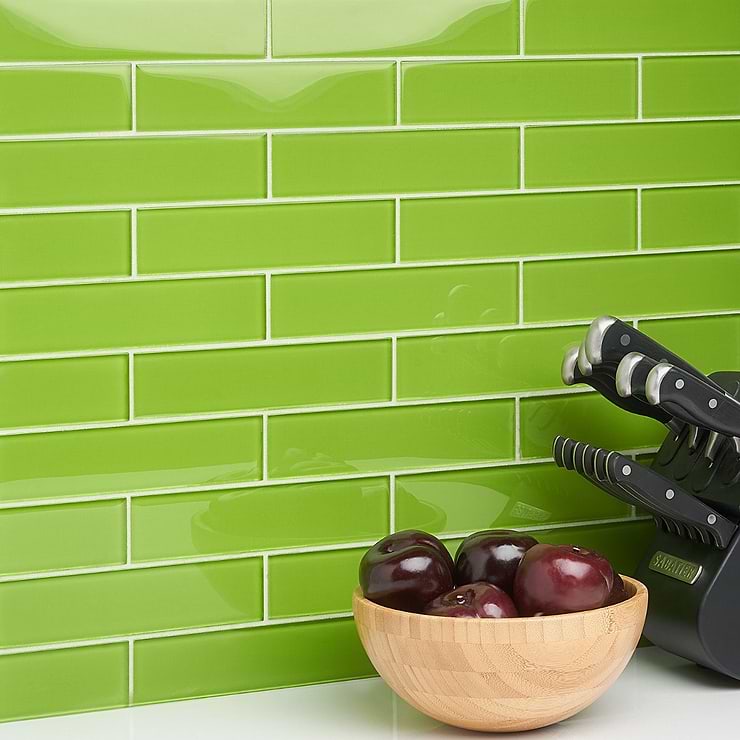 Loft Electric Lime Green 2x8 Polished Glass Subway Tile; in Lime Green Glass; for Backsplash, Kitchen Wall, Wall Tile, Bathroom Wall, Shower Wall, Outdoor Wall, Pool Tile; in Style Ideas Beach, Classic, Farmhouse, Industrial, Transitional, Tropical, Whimsical