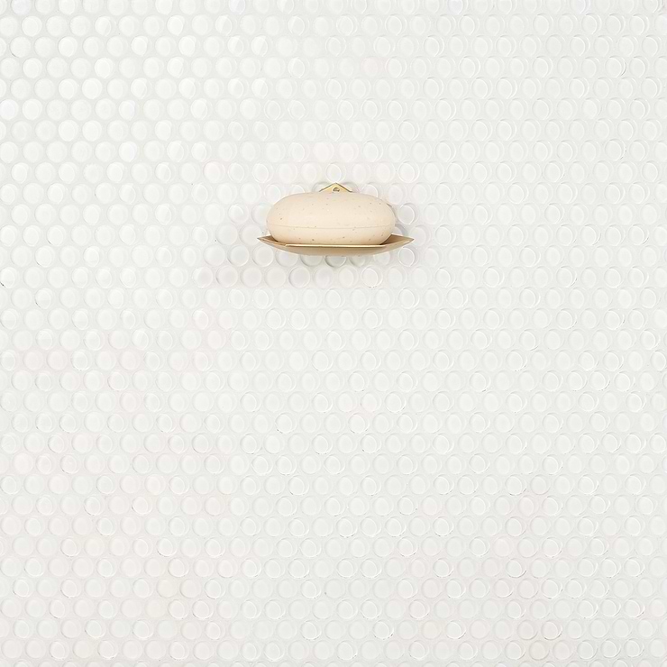 Loft Super White 1" Penny Round Glass Mosaic; in White Glass; for Backsplash, Kitchen Wall, Wall Tile, Bathroom Wall, Shower Wall, Shower Floor, Outdoor Wall, Pool Tile; in Style Ideas Beach, Contemporary, Farmhouse