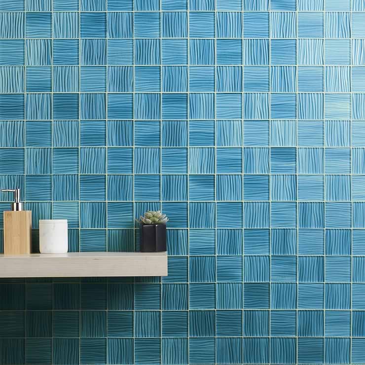 Bimini Aqua Blue 3x3 Polished Glass Mosaic; in Aqua Glass; for Backsplash, Kitchen Wall, Wall Tile, Bathroom Wall, Shower Wall, Outdoor Wall, Pool Tile; in Style Ideas Classic, Contemporary, Mediterranean, Modern, Transitional, Tropical, Whimsical; released 2023; new, trends