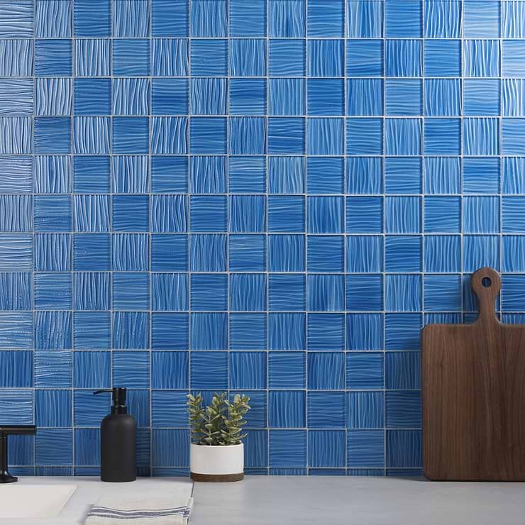 Bimini Azure Blue 3x3 Polished Glass Mosaic; in Blue Glass; for Backsplash, Kitchen Wall, Wall Tile, Bathroom Wall, Shower Wall, Outdoor Wall, Pool Tile; in Style Ideas Classic, Contemporary, Mediterranean, Modern, Transitional, Tropical, Whimsical; released 2023; new, trends