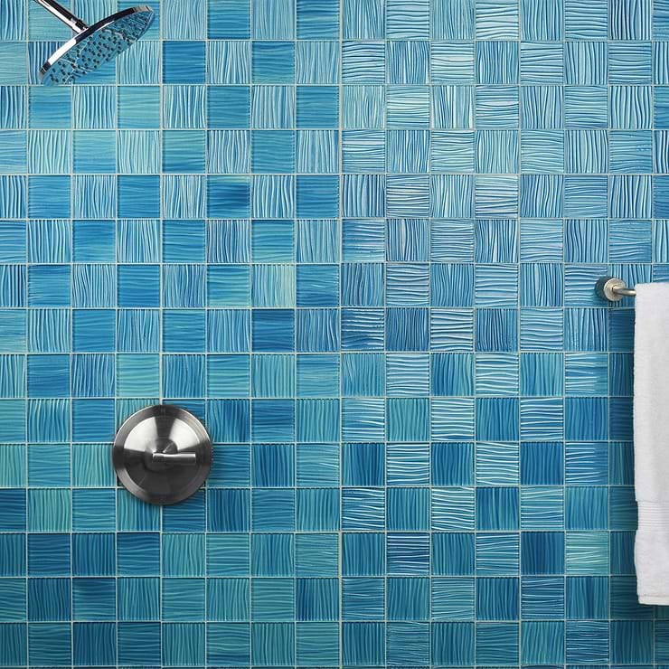 Bimini Marine Blue 3x3 Polished Glass Mosaic; in Blue Glass; for Backsplash, Kitchen Wall, Wall Tile, Bathroom Wall, Shower Wall, Outdoor Wall, Pool Tile; in Style Ideas Classic, Contemporary, Mediterranean, Modern, Transitional, Tropical, Whimsical; released 2023; new, trends