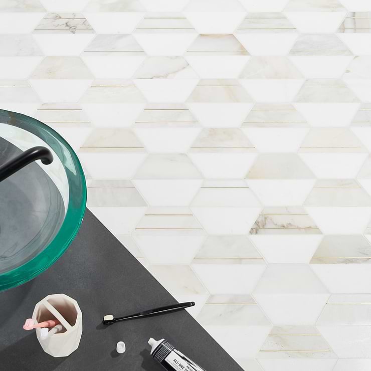 Fuse Bianco White 6" Polished Marble & Brass Mosaic; in White Marble + Brass; for Backsplash, Floor Tile, Kitchen Floor, Kitchen Wall, Wall Tile, Bathroom Wall, Shower Wall, Outdoor Wall; in Style Ideas Classic, Contemporary, Mediterranean, Mid Century, Modern, Traditional, Transitional