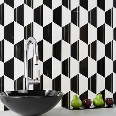 Fuse Nero Black & White 6" Hexagon Polished Marble & Brass Mosaic