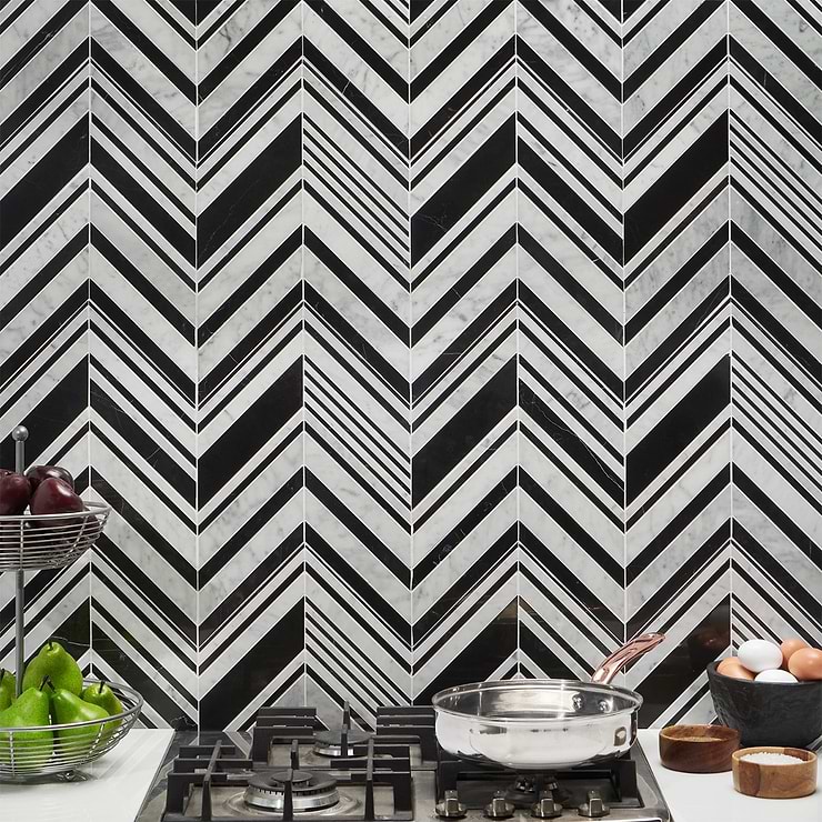 Aya Nero Black & White Chevron Polished Marble Mosaic; in Black + White Carrara White + Nero Marquina; for Backsplash, Floor Tile, Kitchen Floor, Kitchen Wall, Wall Tile, Bathroom Floor, Bathroom Wall, Shower Wall, Shower Floor, Outdoor Floor, Outdoor Wall, Commercial Floor, Pool Tile; in Style Ideas Art Deco, Contemporary, Modern