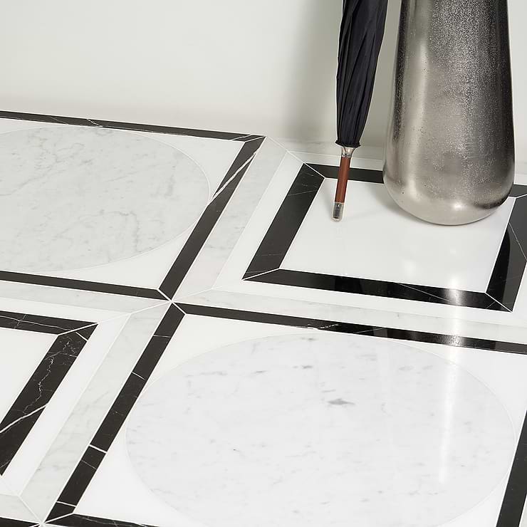 Cadre Ribera Black & White 20x20 Polished Marble Mosaic; in Black + White + Grey  Carrara + White Jade + Nero Marquina ; for Backsplash, Floor Tile, Kitchen Floor, Kitchen Wall, Wall Tile, Bathroom Floor, Bathroom Wall, Shower Wall, Outdoor Wall, Commercial Floor; in Style Ideas Art Deco, Mid Century, Transitional