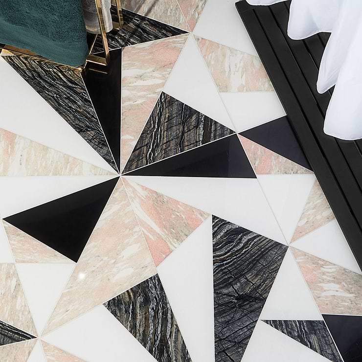 Jagger Rose Polished Marble Mosaic Tile, Pink and Black and White