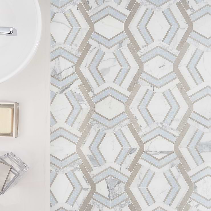 Mezzo Dolce Beige Polished Marble Mosaic; in Beige + White + Blue Marble ; for Backsplash, Floor Tile, Kitchen Floor, Kitchen Wall, Wall Tile, Bathroom Floor, Bathroom Wall, Shower Wall, Shower Floor, Outdoor Wall, Commercial Floor; in Style Ideas Art Deco, Mid Century, Transitional