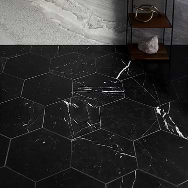 Nero Marquina Black 10" Hexagon Honed Marble Tile