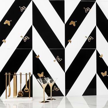 Timeless Butterflies Nero Black & White 12x18 Polished Nanoglass Tile by Elizabeth Sutton