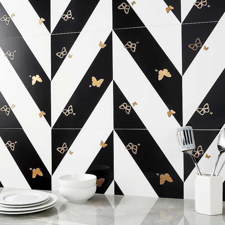 Timeless Butterflies Nero Blanco 12x18 Polished Nanoglass Porcelain Tile By Elizabeth Sutton 