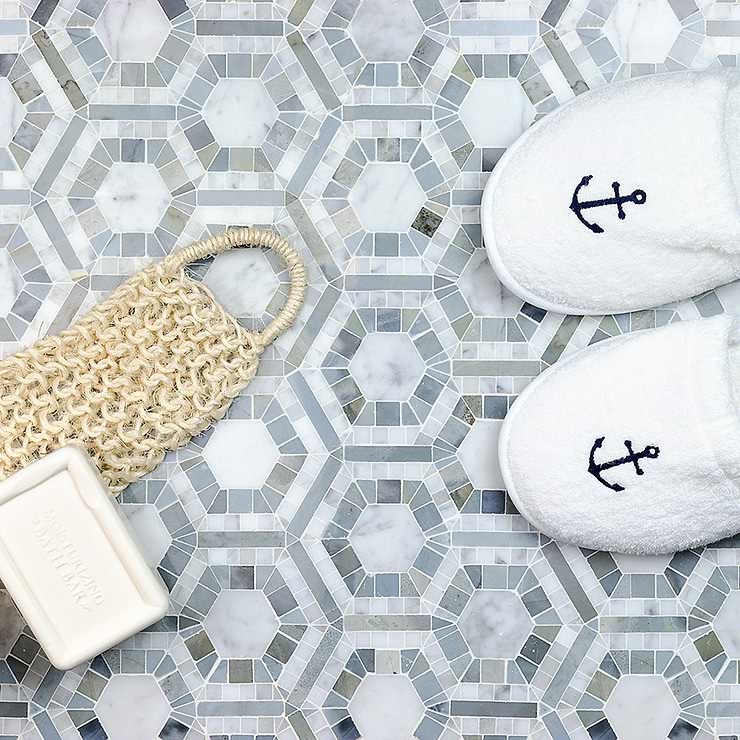 Cosmos Gray Hexagon 4" Polished Marble Mosaic; in Carrera + Moonstone Carrara + Moonstone; for Backsplash, Floor Tile, Kitchen Floor, Kitchen Wall, Wall Tile, Bathroom Floor, Bathroom Wall, Shower Wall, Shower Floor, Outdoor Wall, Commercial Floor; in Style Ideas Mid Century, Transitional