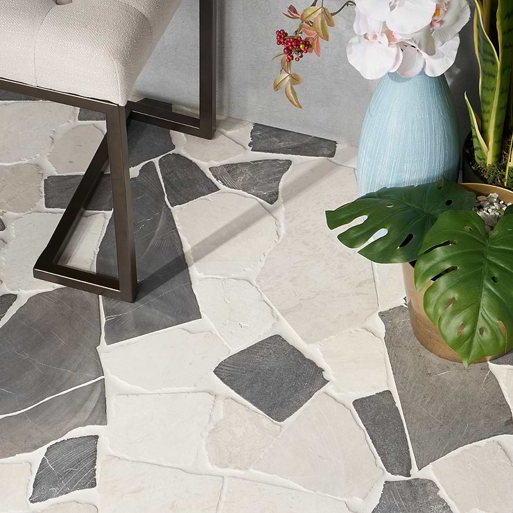 Nature Flagstone Jumbo Island Gray Honed Marble Mosaic; in White + Gray Marble; for Backsplash, Floor Tile, Kitchen Floor, Kitchen Wall, Wall Tile, Bathroom Floor, Bathroom Wall, Shower Wall, Shower Floor, Outdoor Floor, Outdoor Wall, Commercial Floor, Pool Tile; in Style Ideas Beach, Classic, Craftsman, Contemporary, Cottage, Mid Century, Mediterranean, Traditional, Transitional