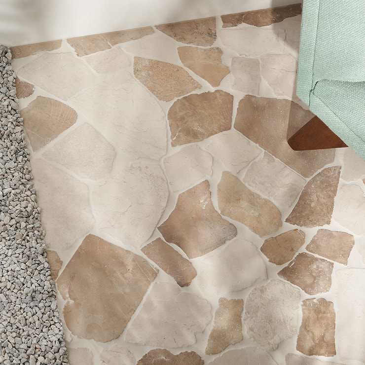 Nature Flagstone Jumbo Komodo Beige Honed Marble Mosaic; in Beige + Cream Marble; for Backsplash, Floor Tile, Kitchen Floor, Kitchen Wall, Wall Tile, Bathroom Floor, Bathroom Wall, Shower Wall, Shower Floor, Outdoor Floor, Outdoor Wall, Commercial Floor, Pool Tile; in Style Ideas Beach, Classic, Contemporary, Cottage, Craftsman, Mediterranean, Mid Century, Traditional, Transitional