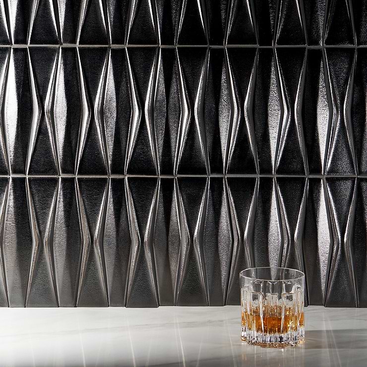 Nabi Harlequin Gunmetal Gray 2x8 Metallic Glass Mosaic; in Gunmetal Gray Crackled Glass; for Backsplash, Kitchen Wall, Wall Tile, Bathroom Wall, Shower Wall