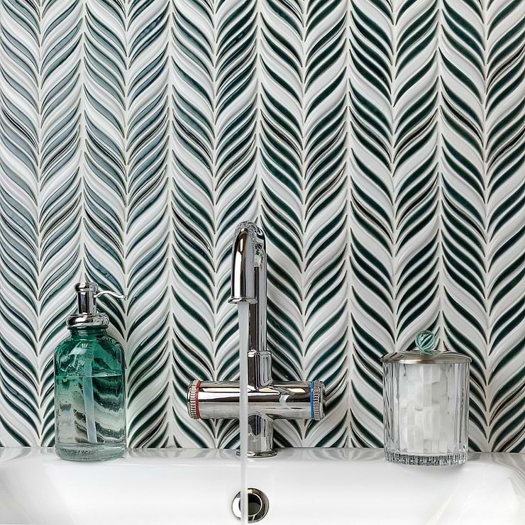 Nabi Alula Deep Emerald Green Glossy Crackled Glass Mosaic; in Dark Green, White Crackled Glass; for Backsplash, Kitchen Wall, Wall Tile, Bathroom Wall, Shower Wall