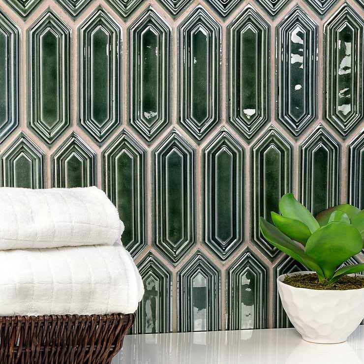 Nabi Picket Deep Emerald Green 3x9 Glossy Crackled Glass Mosaic; in Dark Green Crackled Glass; for Backsplash, Bathroom Wall, Kitchen Wall, Shower Wall, Wall Tile