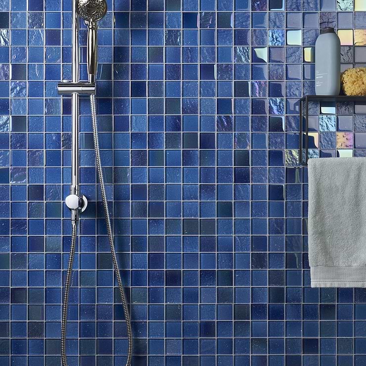 Fairy Blue 2x2 Polished Glass Mosiac; in Blue Glass; for Backsplash, Kitchen Wall, Wall Tile, Bathroom Wall, Shower Wall, Outdoor Wall, Pool Tile; in Style Ideas Beach, Contemporary, Industrial, Mediterranean, Transitional, Tropical, Whimsical; released 2023; new, trends