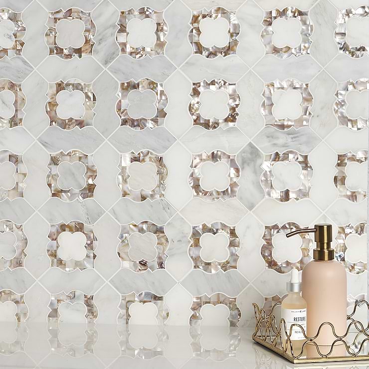 Rene' White Polished Marble & Pearl Mosaic by Cassie Chapman; in White/Gray & Brown Marble + Pearl; for Backsplash, Kitchen Wall, Wall Tile, Bathroom Wall, Shower Wall; in Style Ideas Beach, Classic, Transitional