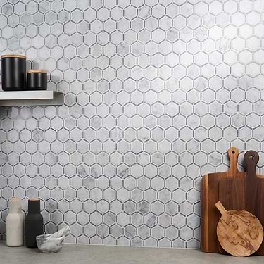 Florentine Gray 2" Hexagon Polished Carrara Marble Mosaic