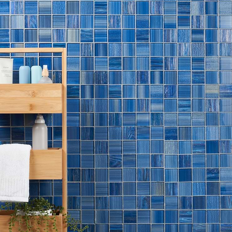 Marley Lake Blue 2x2 Polished Glass Mosaic; in Blue Glass; for Backsplash, Kitchen Wall, Wall Tile, Bathroom Wall, Shower Wall, Outdoor Wall, Pool Tile; in Style Ideas Beach, Classic, Contemporary, Mediterranean, Traditional, Transitional, Tropical, Whimsical; released 2023; new, trends