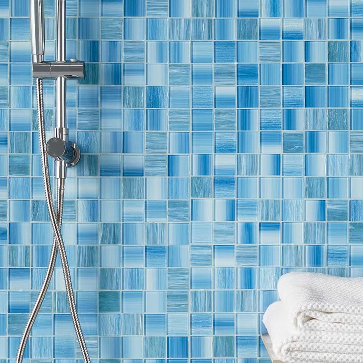Marley Ocean Blue 2x2 Polished Glass Mosaic; in Blue Glass; for Backsplash, Kitchen Wall, Wall Tile, Bathroom Wall, Shower Wall, Outdoor Wall, Pool Tile; in Style Ideas Beach, Classic, Contemporary, Mediterranean, Traditional, Transitional, Tropical, Whimsical; released 2023; new, trends